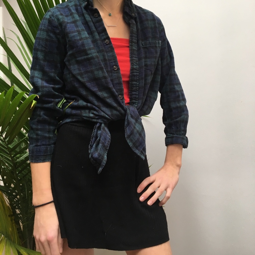 A green, black and blue plaid button down